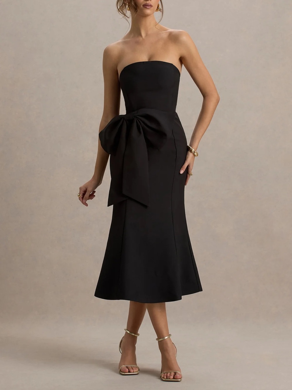 Club L London Strapless Black Midi Dress with Side Bow